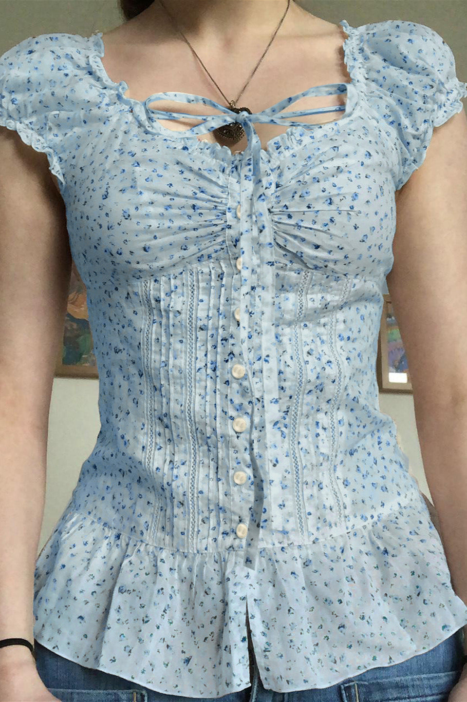 Vintage Floral Tie Buttoned Puff Sleeve Blouse image 3