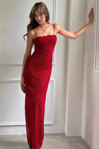Elegant Red Lace Strapless Cami Bodycon Maxi Dress image 4