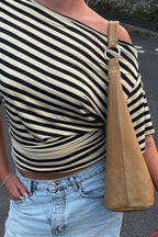 Vintage Asymmetrical Shoulder Striped Tie Waist T-shirt image 5