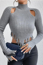 Distressed High Neck Cropped Knit Sweater image 3