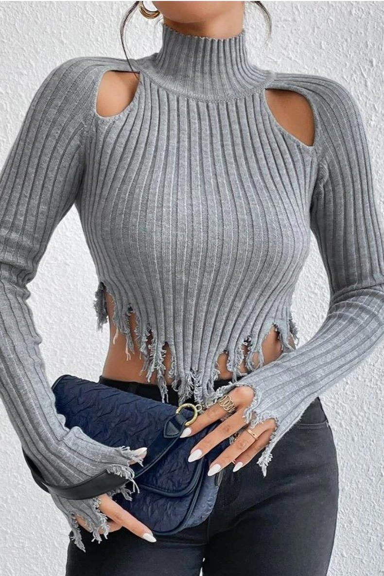 Distressed High Neck Cropped Knit Sweater image 3