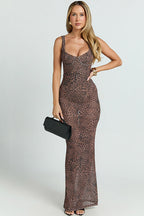 Leopard Mesh Cami Bodycon Jumpsuit Maxi Dress image 3