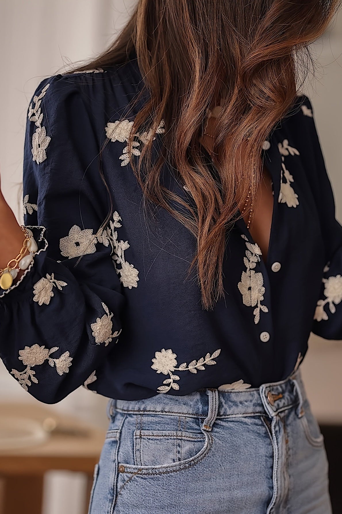 Collared Print Puff Sleeve Blouse image 3