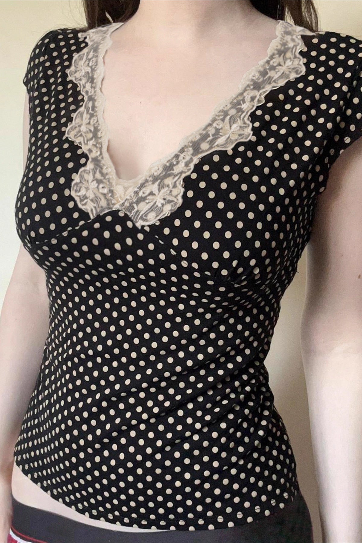 Deep V Neck Polka Dot Lace Blouse image 1