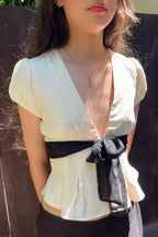 Deep V Neck Bow Tie Waist Blouse image 3