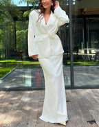 White Satin Long Sleeve Skirt Office Two Piece Set image 1