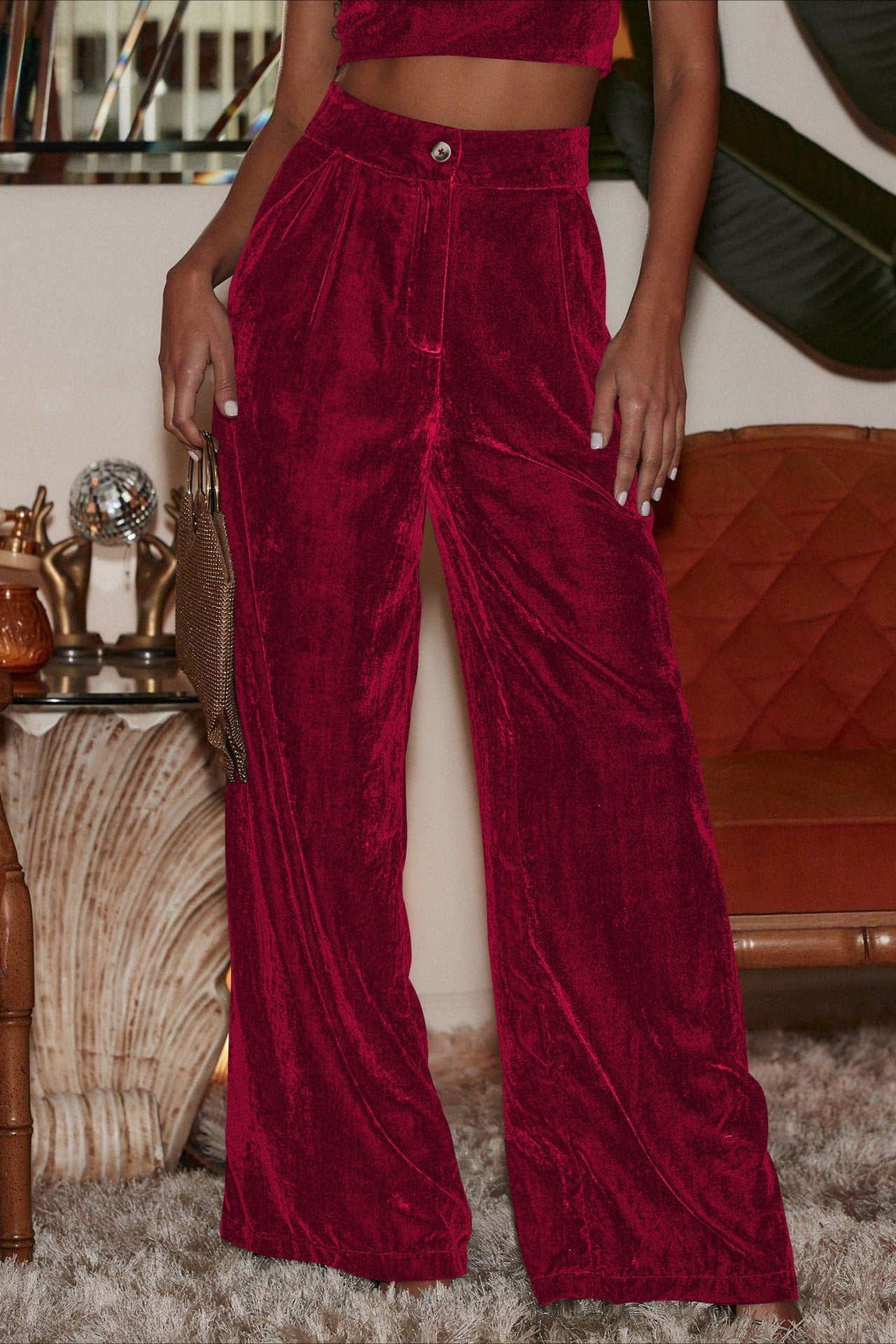 Suede Relaxed Button Straight Wide Leg Pants image 1