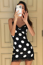 Elegant Satin Lace Trim Polka Dot Mini Dress image 1