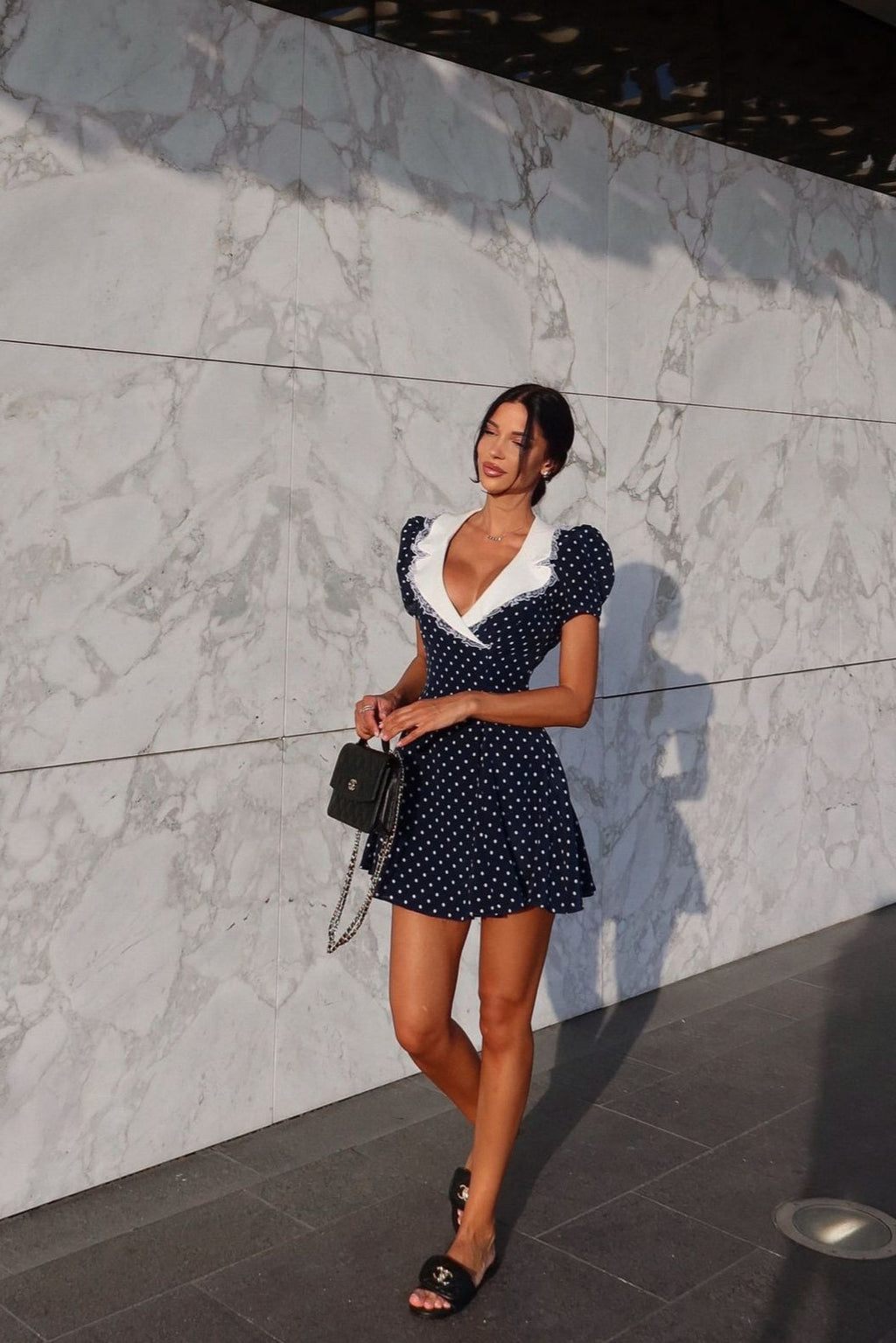 Vintage Lace Trim Polka Dot V-Neck Fitted Mini Dress image 4