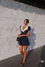 Vintage Lace Trim Polka Dot V-Neck Fitted Mini Dress image 4