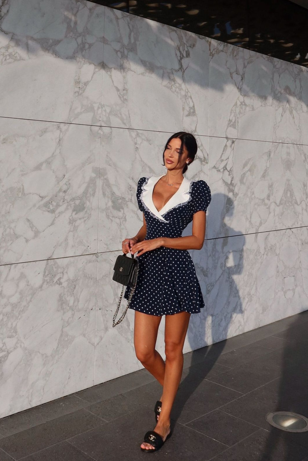 Vintage Lace Trim Polka Dot V-Neck Fitted Mini Dress image 4