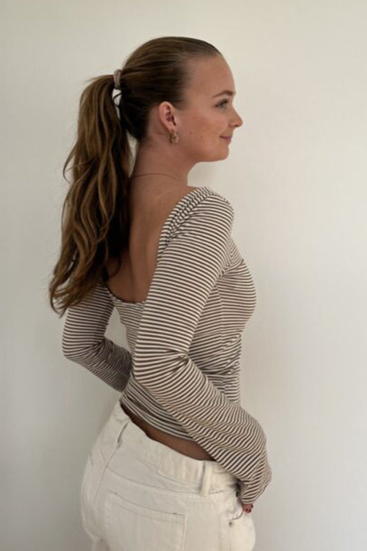 Basic Crew Neck Backless Striped Fitted Knit Blouse image 6