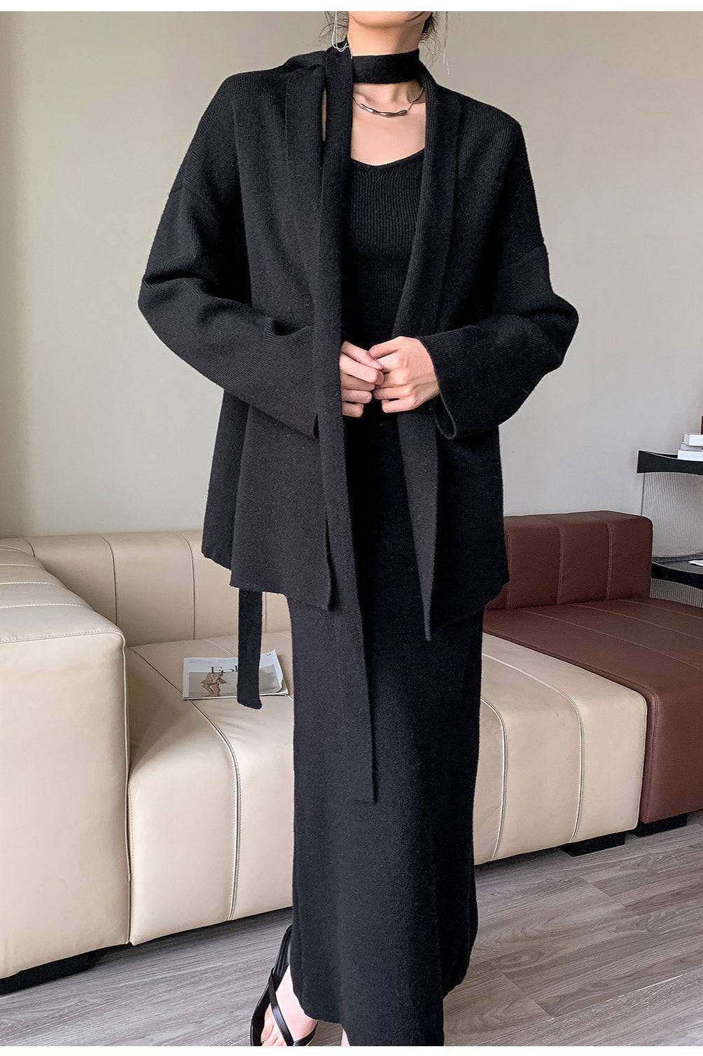 Ribbed High-End Knit Cardigan Tank Wide-Leg Pants Three Piece Set image 12