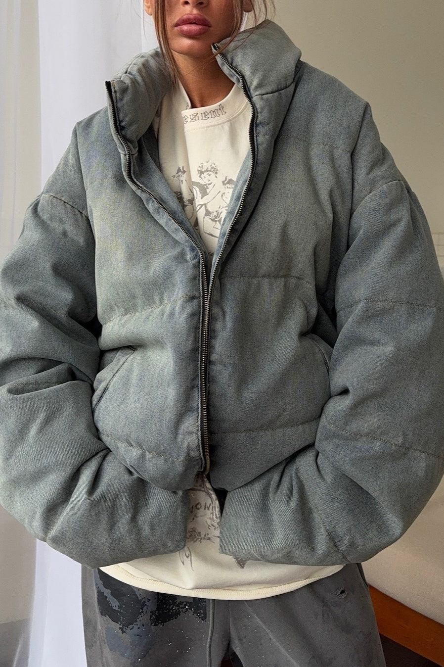 Washed Denim Stand Collar Puffer Jacket image 2