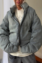 Washed Denim Stand Collar Puffer Jacket image 2