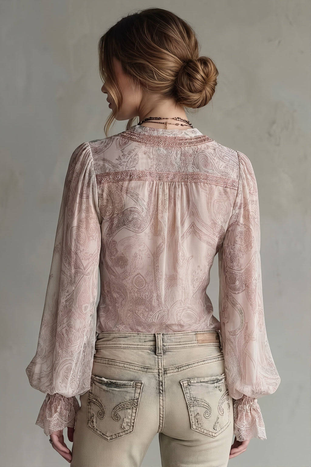 Lace Spliced Sheer Ruffle Flare Sleeve Blouse image 2