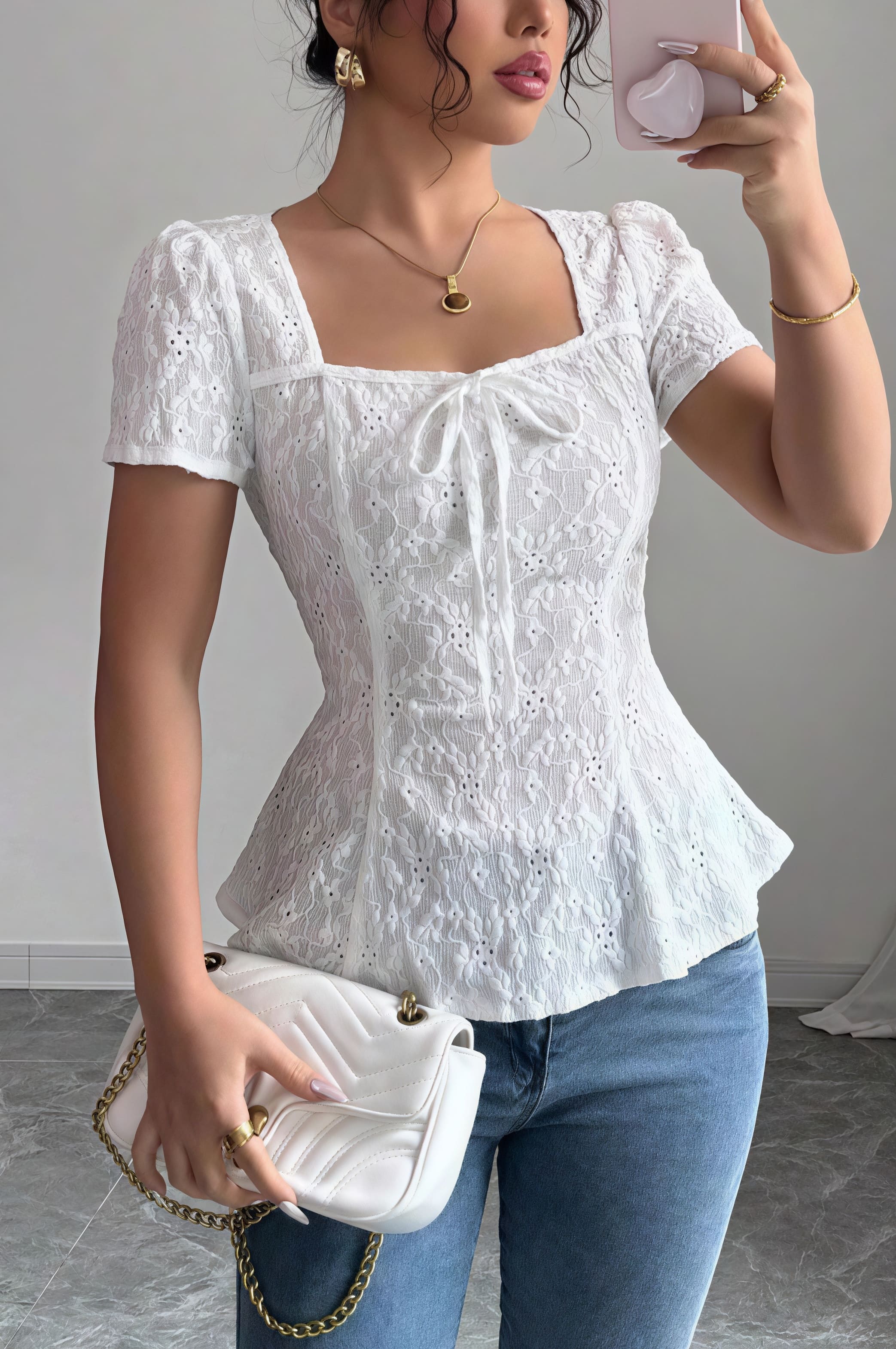Square Neck Bow Lace Short Sleeve Blouse image 3