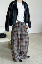 Retro Colorblock Plaid Casual Straight Pants image 1