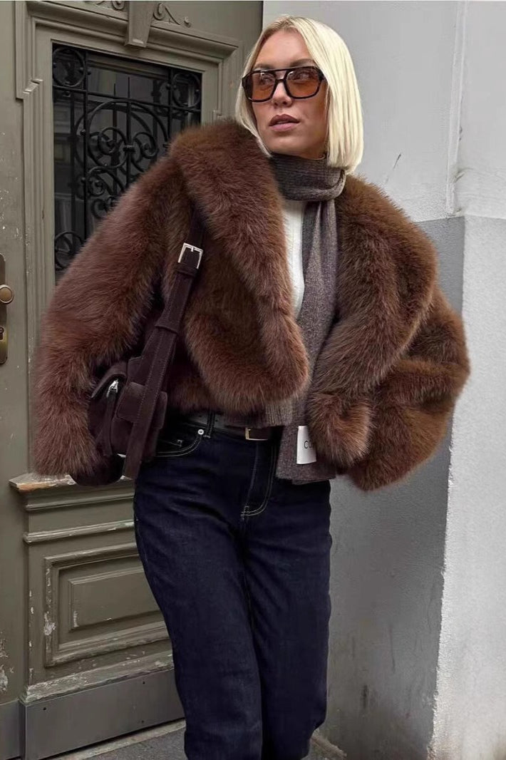 Retro Solid Color Plush Warm Short Notch Collar Coat image 2