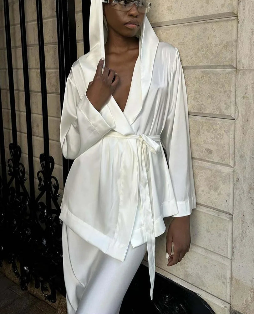 White Satin Hooded Slim Skirt Office Two Piece Set image 2