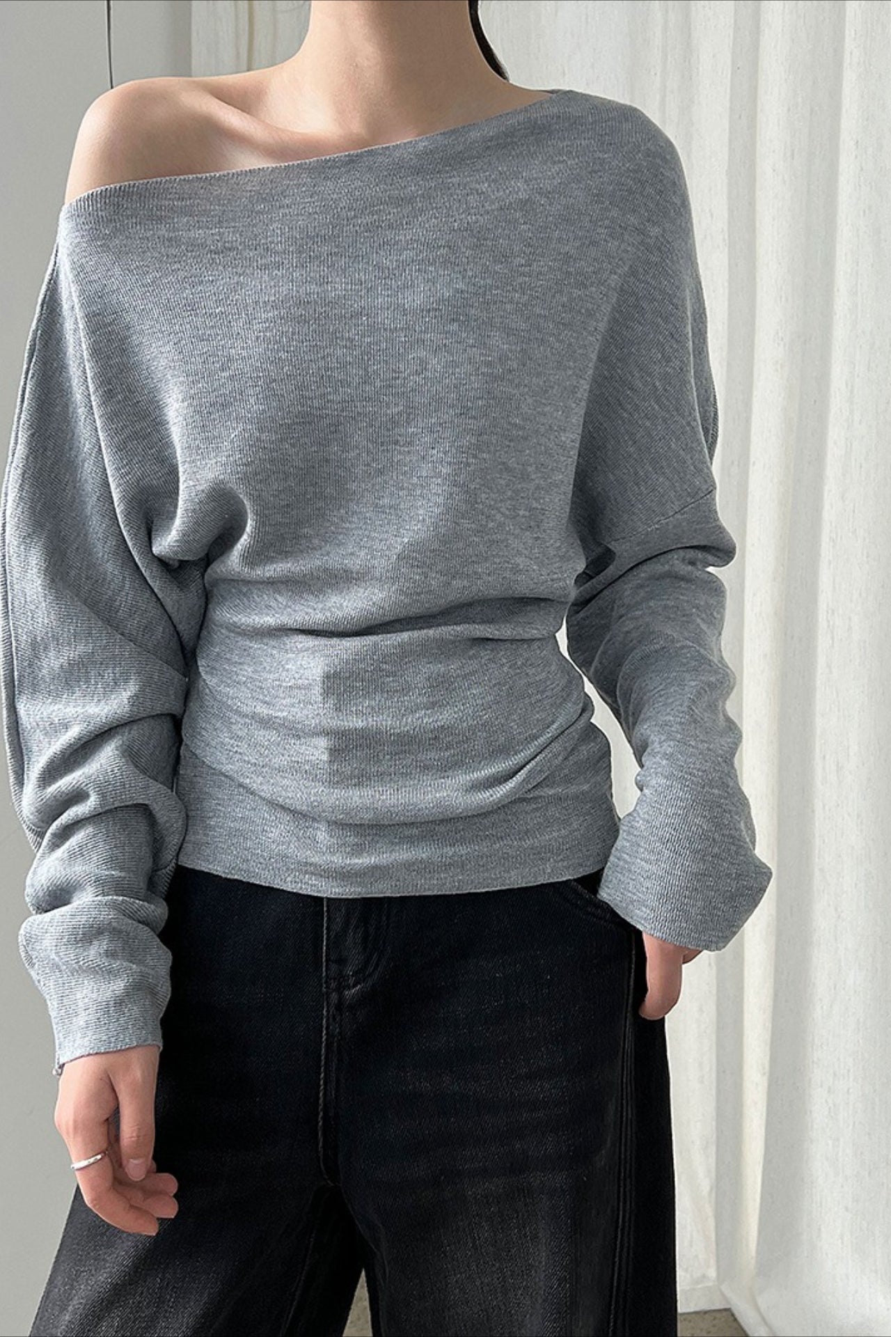 Waist Defining Asymmetric Shoulder Knit Top image 13
