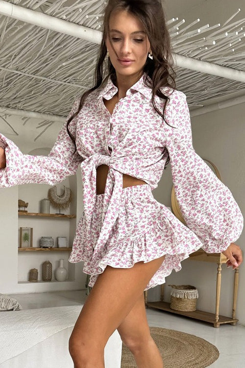 Floral Long Sleeve Lapel Ruffle Shorts Two Piece Set image 1