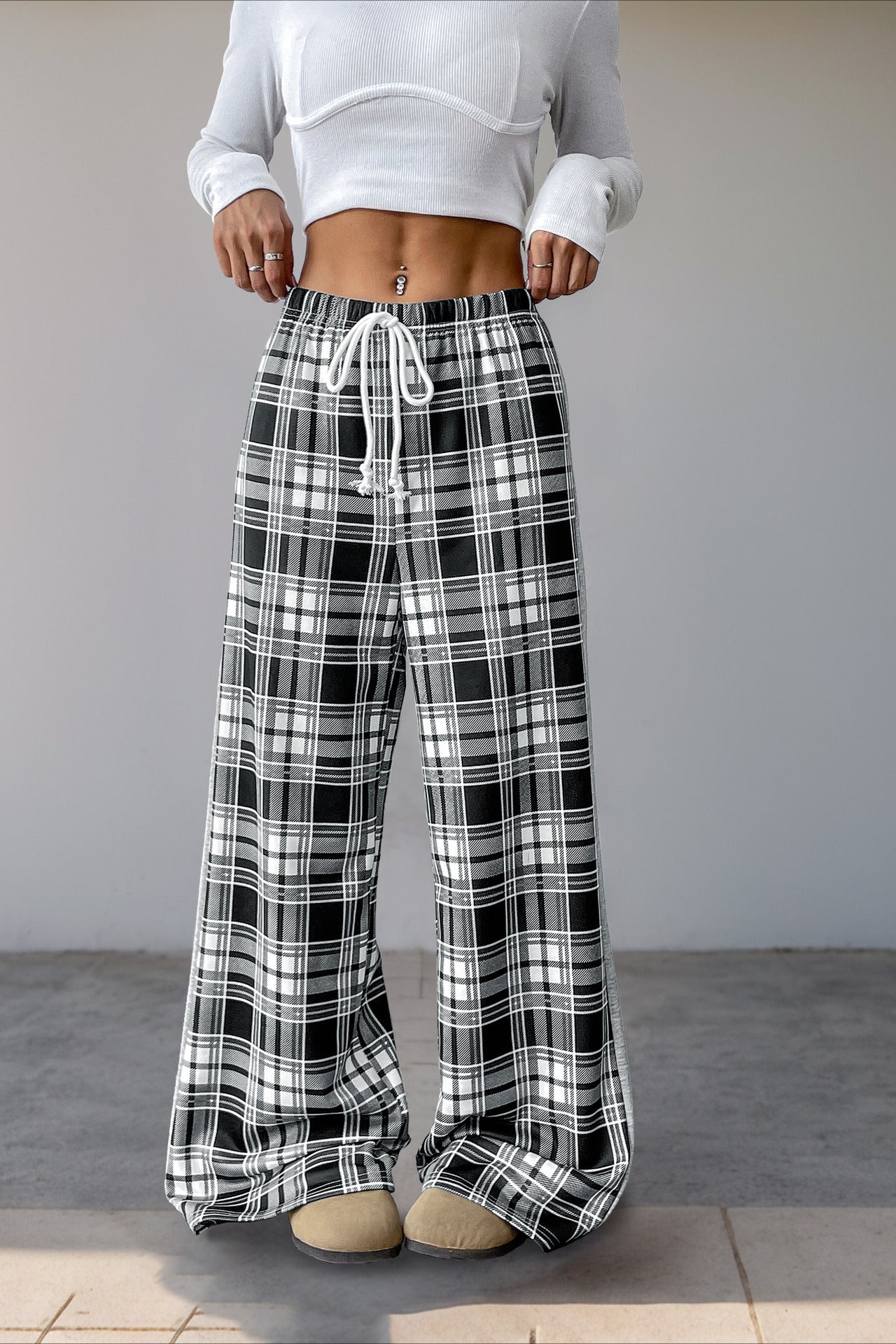 Plaid Elastic Waist Loose Fit Pants image 1