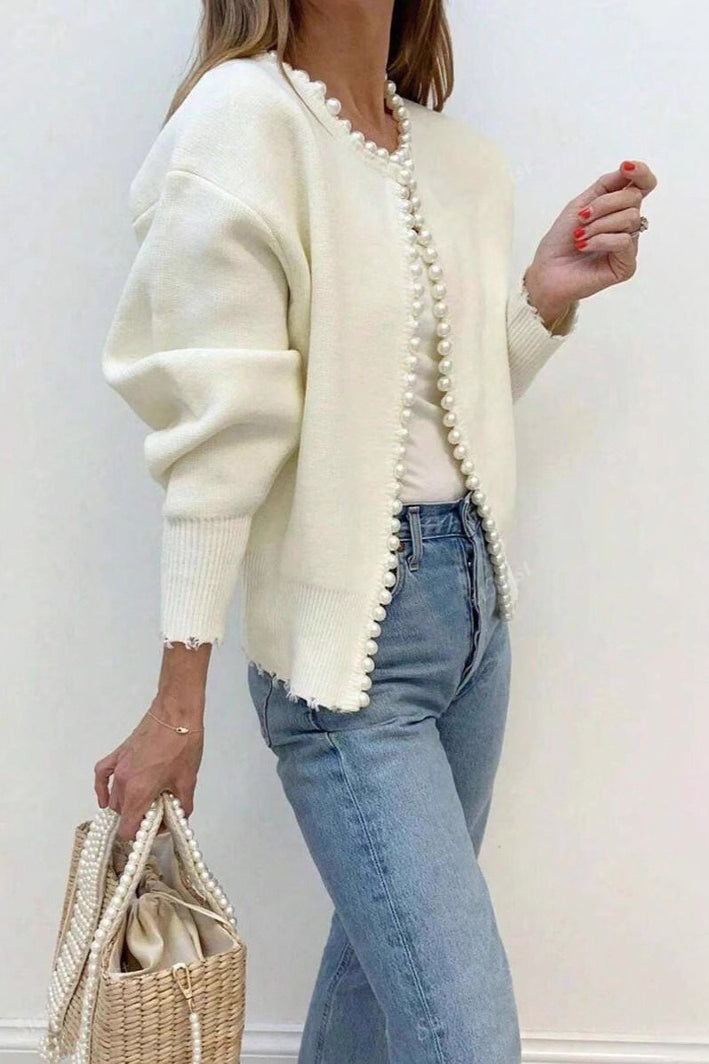 Pearl-Trimmed Crew-Neck Heavy-Detail Knit Cardigan image 2