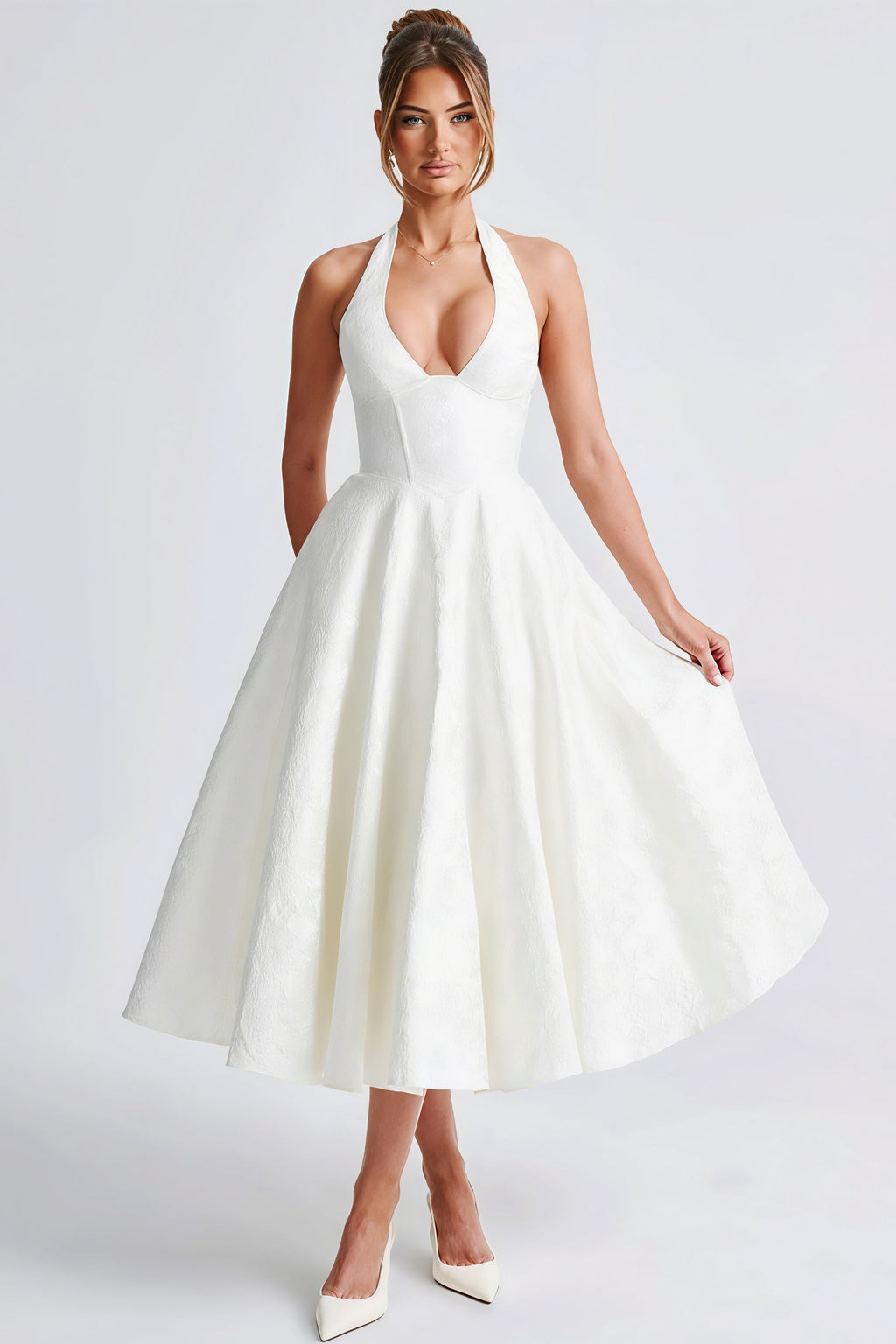 Halter V Neck Jacquard Backless Midi Dress image 6