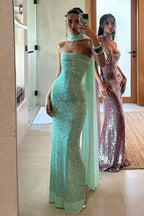 Sexy Strapless Solid Color Slim Fit Long Sequin Prom Dress image 1