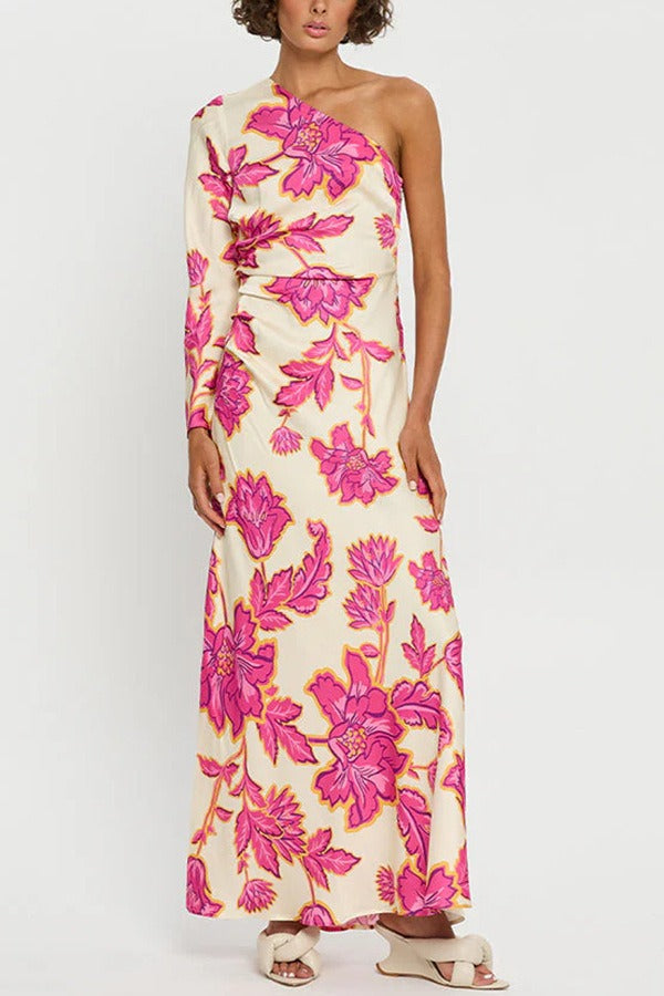 Satin Rose Print One-Shoulder Maxi Dress image 3
