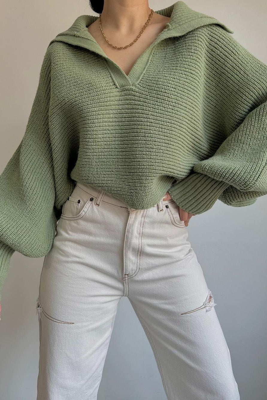 Lantern Sleeve Open Collar Knit Sweater image 27