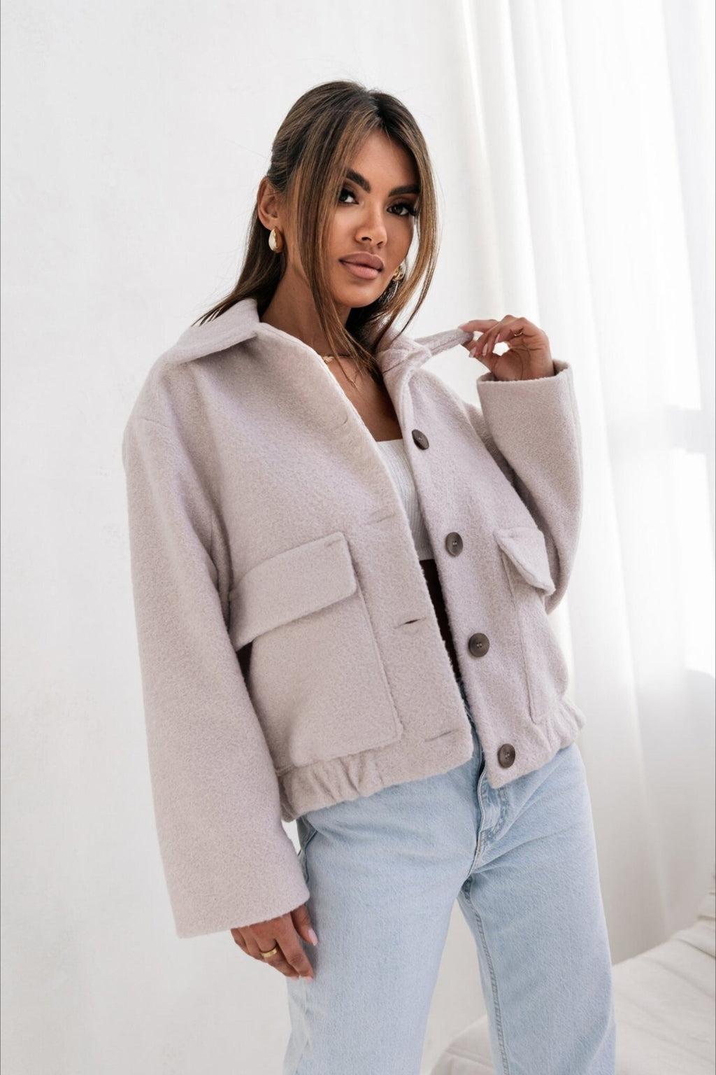 Trendy Solid Wool Pocket Elastic Snap Coat image 6
