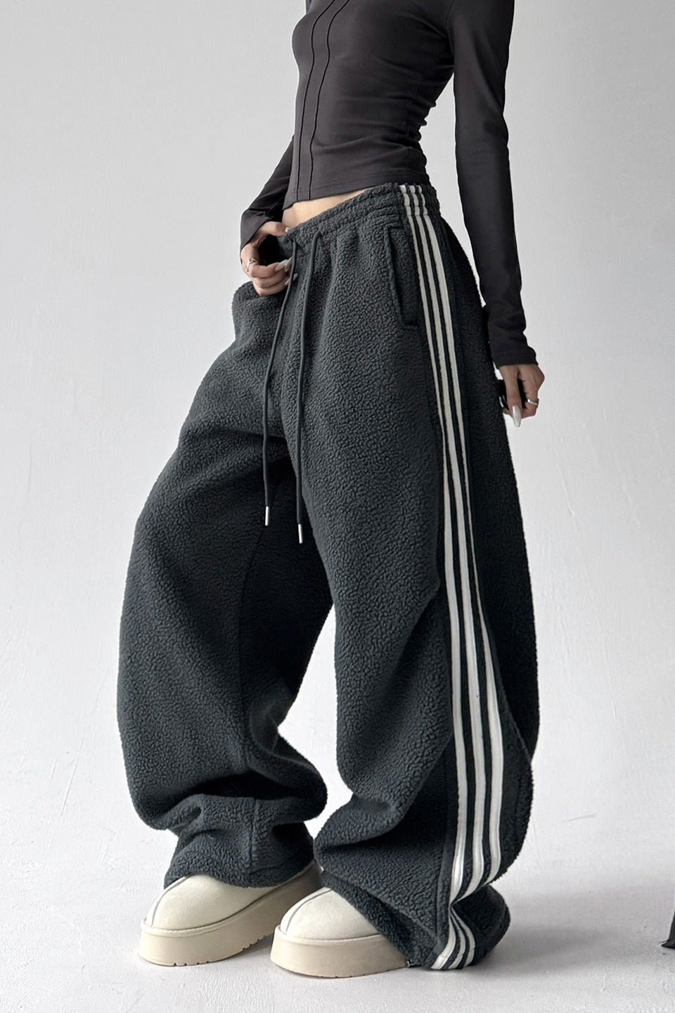 Sporty Plush Wide-Leg Striped Pants image 4