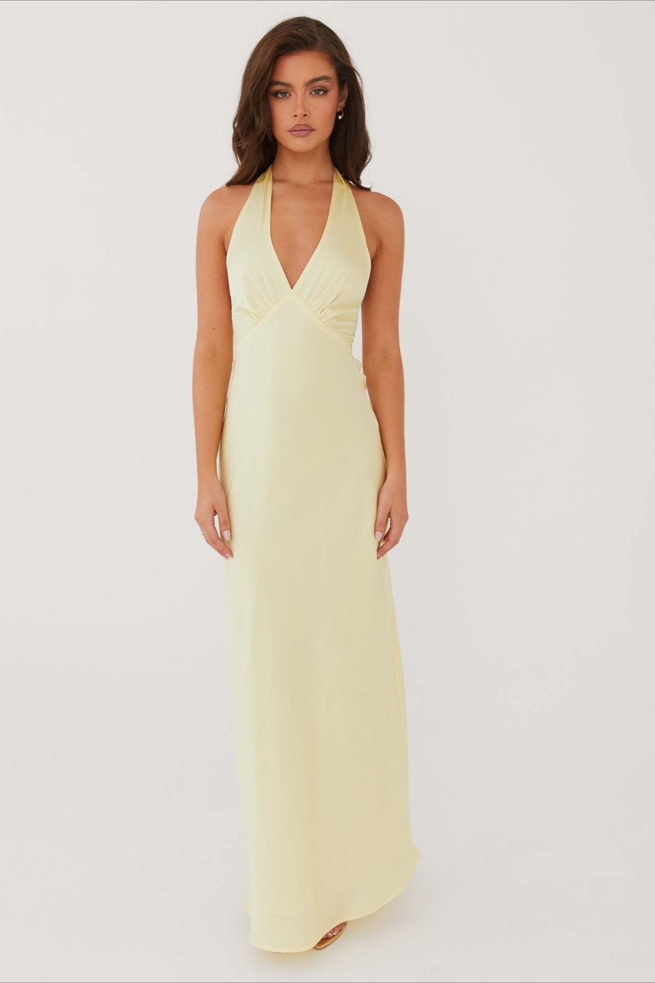 Elegant Solid V Neck Slim Fit Maxi Dress image 13