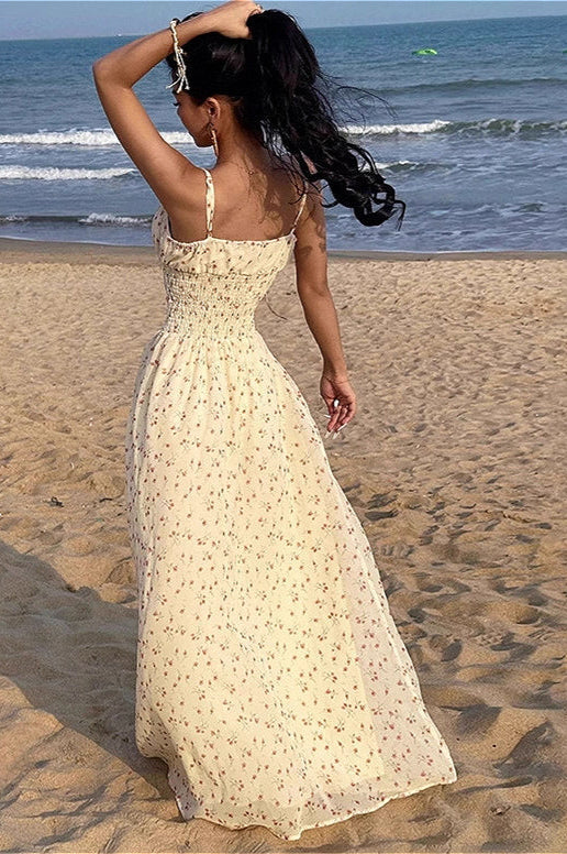 Sexy Smocked V Neck High Waist A Line Maxi Cami Floral Dress image 2