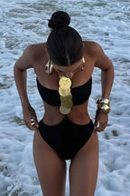 Sexy Black Lace Up Bikini Backless Bikini One Piece Swimwear image 3