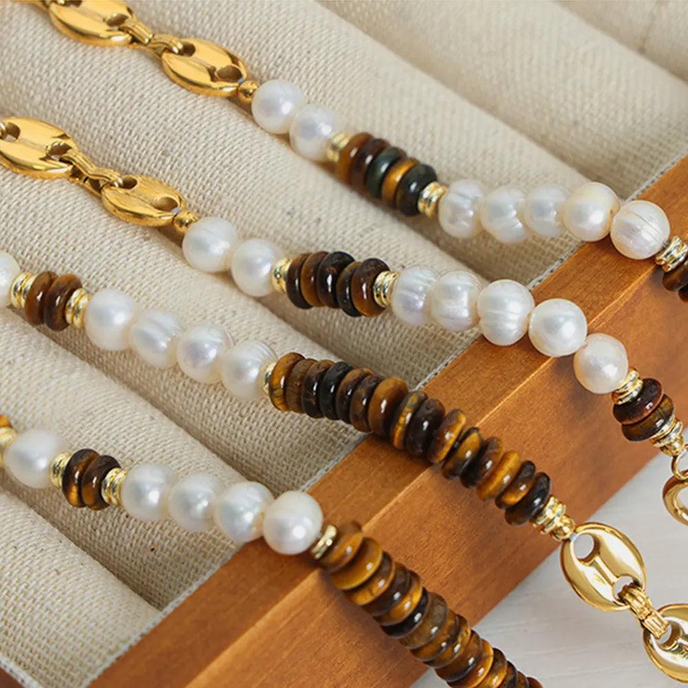 Greta Pearl Necklace detail view styled for Avrienne