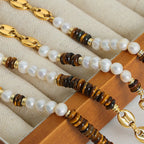 Greta Pearl Necklace detail view styled for Avrienne