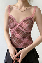 Elegant Pink Plaid Lace Cami Top image 2