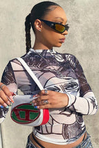 Sexy Sheer Mesh Print Round Neck Long Sleeve Blouse image 3