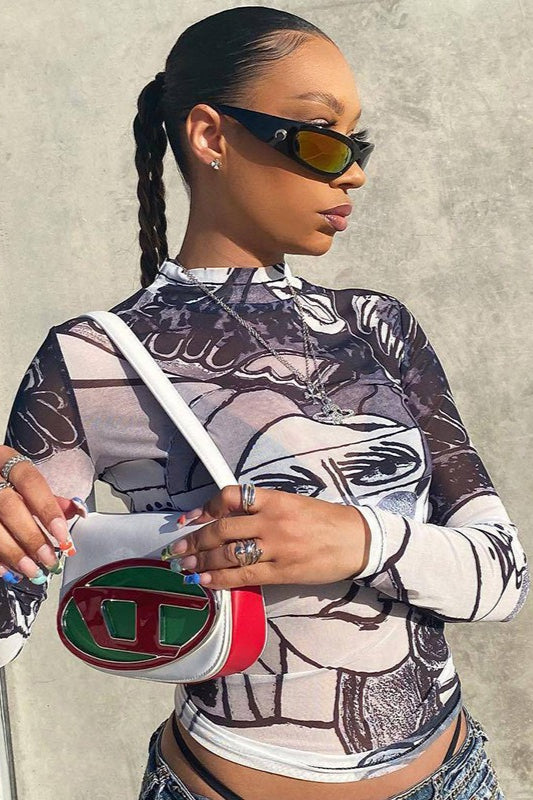 Sexy Sheer Mesh Print Round Neck Long Sleeve Blouse image 3
