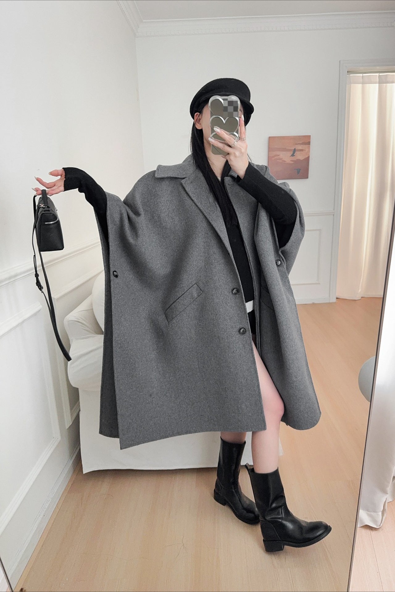 Beige Lapel Double Faced Wool Blend Cape Convertible Overcoat image 5
