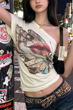 Butterfly Lips Print Off‑Shoulder T‑shirt image 2