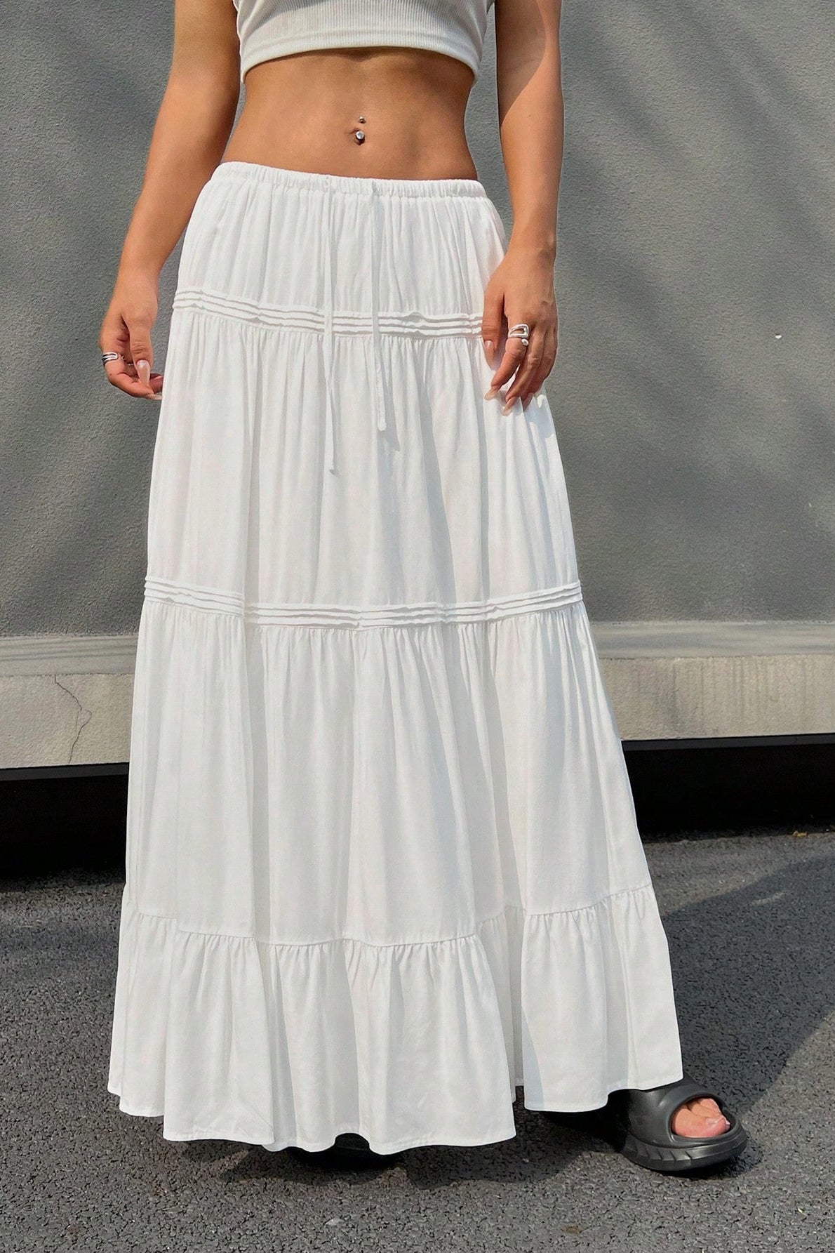 White Casual Tiered Midi Skirt image 3
