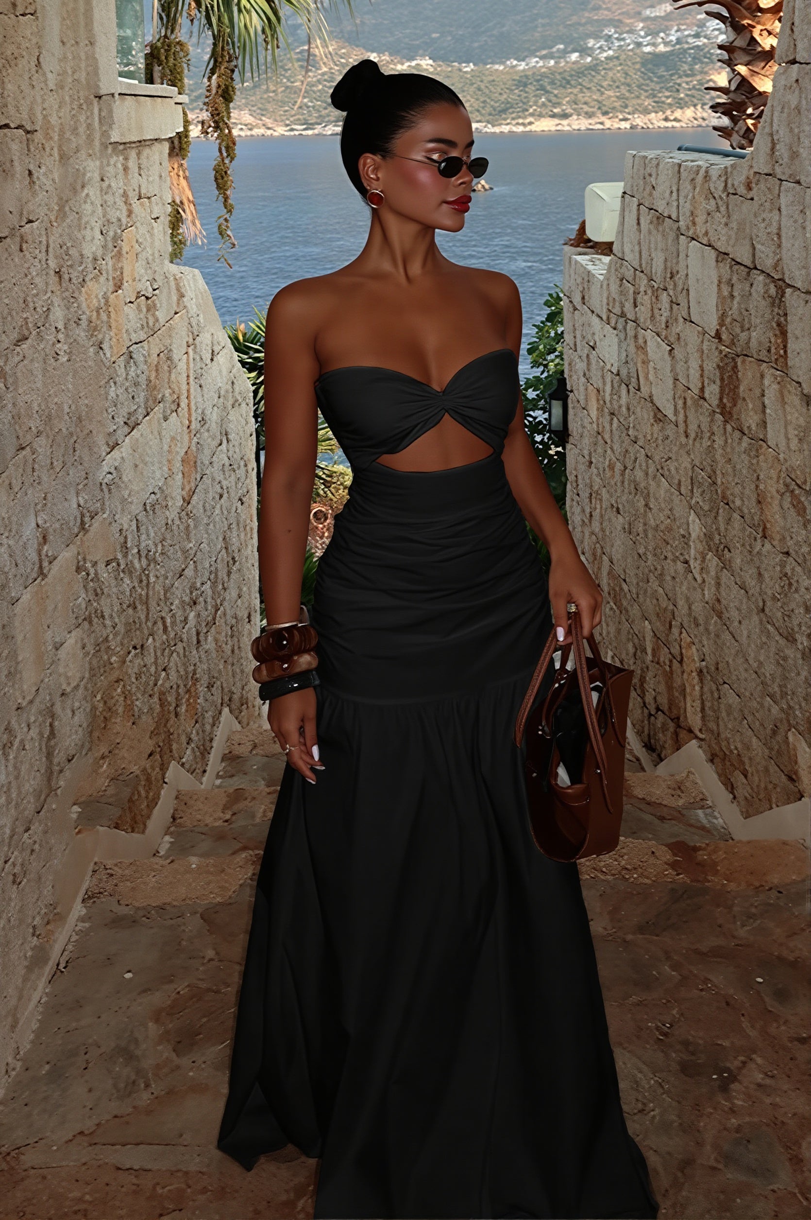 Solid Hollow Bandeau Casual Maxi Dress image 5