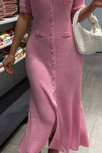 Single Breasted V Neck Knitted Slit Peter Pan Collar Midi Dress image 8