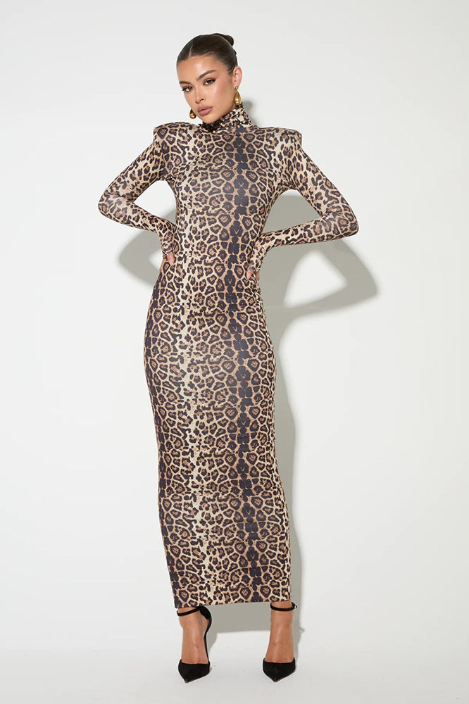 Elegant Leopard Mock Neck Bodycon Maxi Dress image 3