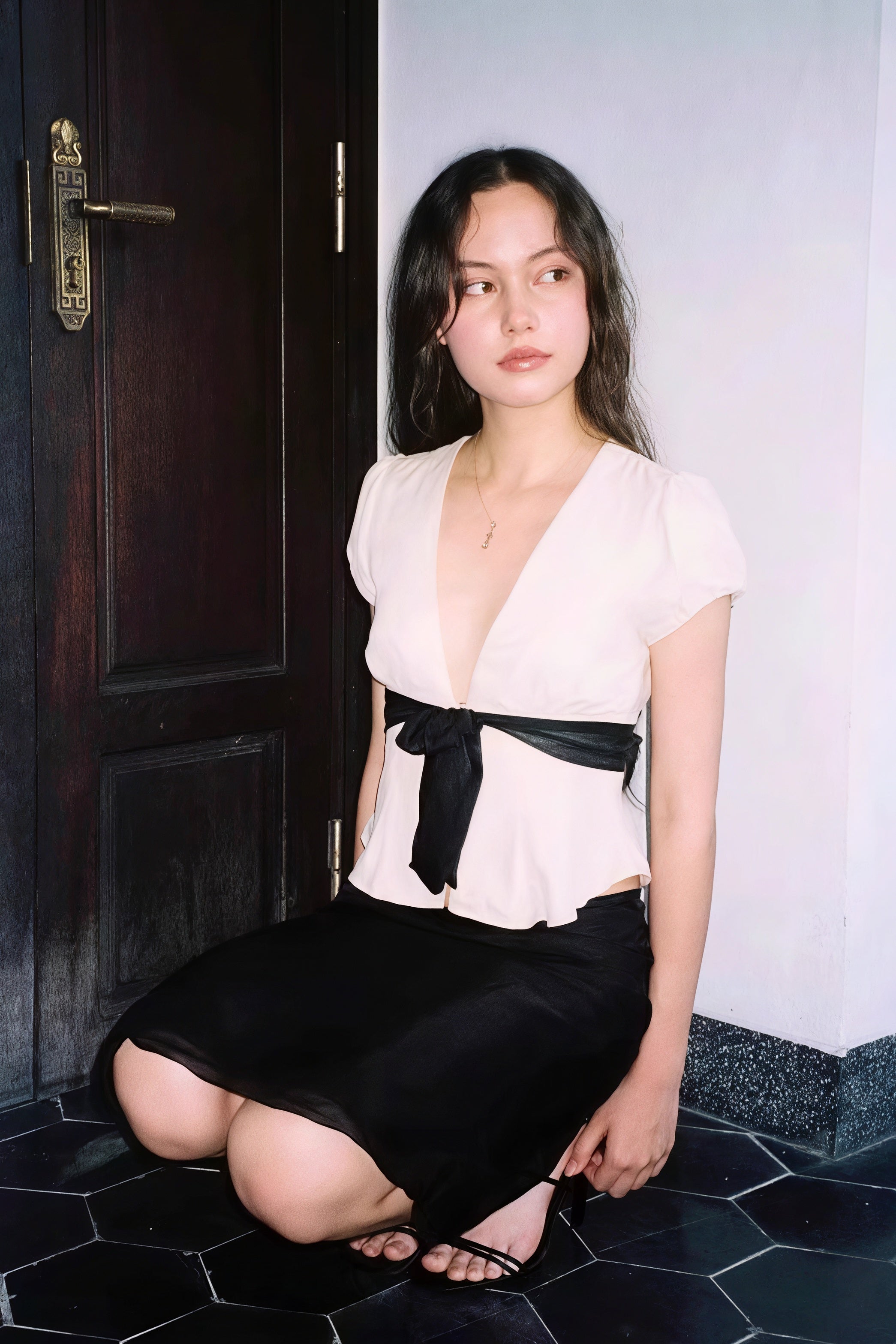 Deep V Neck Bow Tie Waist Blouse image 5