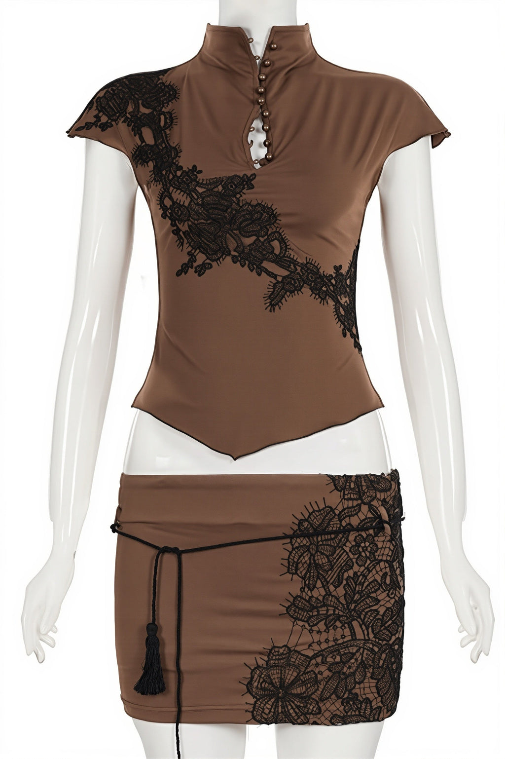 Stand Collar Hollow Lace Patch Skirt Set image 4